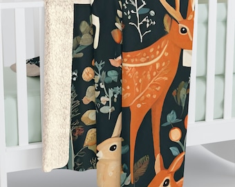 Cozy Sherpa Fleece Blanket Scandinavian Inspired Deer Animals Forest Scene Nordic Home Decor