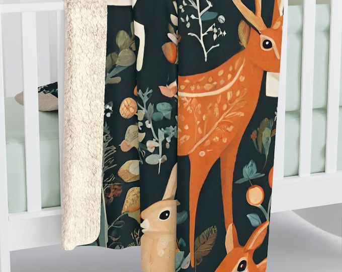 Cozy Sherpa Fleece Blanket Scandinavian Inspired Deer Animals Forest Scene Nordic Home Decor