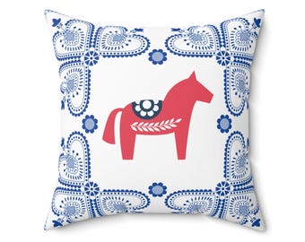 Caballo rojo Dala de Suecia, patrón de arte popular azul sueco, almohada cuadrada de poliéster y funda, decoración nórdica para el hogar, almohada decorativa