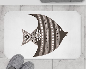 Microfiber Bath Mat Folk Art Fish Anti-Slip Backing Bathroom Home Decor TWO SIZES