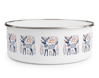 Stainless Steel Enamel Bowl with Plastic Lid 20 oz 30 oz 40 oz Kitchen Storage Container Nordic Folk Art Reindeer Pattern Christmas