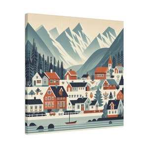 Folk Art Inspired NORWAY Norwegian Mountain Village 0.75&quot; Stretched Matte Canvas Wall Art Eco Friendly Home Decor 3 Sizes