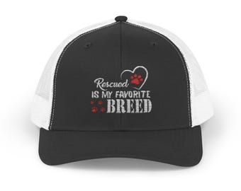 Rescued is My Favorite Breed - Embroidered Snapback Trucker Cap - Unisex Adjustable Hat - Dog Lovers Gift - Rescue Animals Support