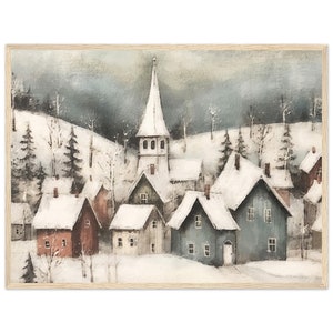 Villaggio norvegese innevato Scena invernale Norvegia Scandinavia Poster con cornice in legno in carta opaca premium Arte ecologica