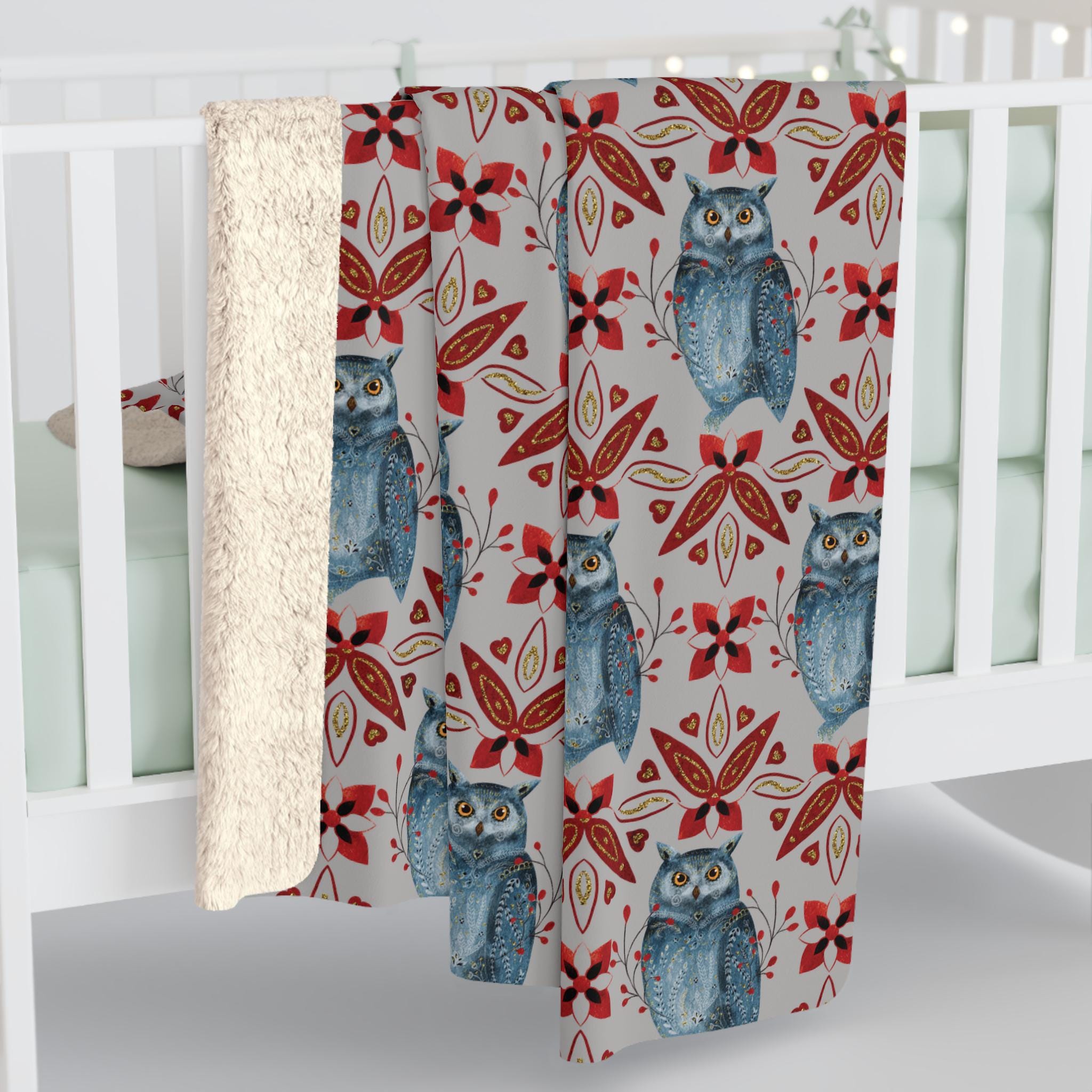 Nordic Folk Art Owls Pattern, Cozy Sherpa Fleece Blanket, Scandinavian Home Decor, Sofa Throw Blanke