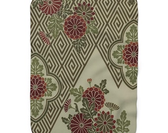 Vintage japanskt blommönster, mysig sherpafilee, asiatisk sofffilt, gåva för Japanälskare, global heminredning