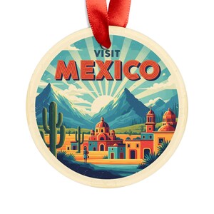 Visit Mexico - Retro Travel Style - Round Acrylic Ornament - Personalized Gift - Holiday Decor - Travel Souvenir