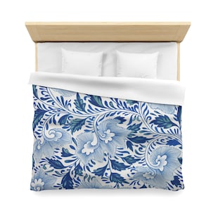 Blue Floral Vintage Chinese Fabric Design China Asian Pattern Polyester Woven Microfiber Duvet Cover Zipper Closure Twin Queen King Sizes