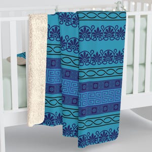 Turquoise Blue Greek Design Pattern, Cozy Sherpa Fleece Blanket, Couch Throw Blanket, Home Decor Gift