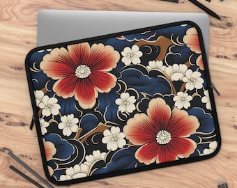 Japanese Floral Pattern Neoprene Padded iPad Laptop Sleeve Water Resistant Dual Zipper Enclosure 5 Sizes Travel Tech Accessory Gift