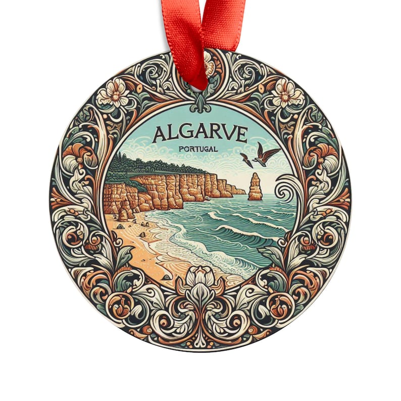 ALGARVE PORTUGAL Coastal Portuguese Landscape Round Acrylic Ornament with Red Ribbon, Art Nouveau Style Christmas Tree Ornament Holiday Gift image 1