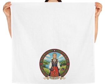Norwegen - 28x28 Zoll Baumwolle Geschirrtuch - Norwegische Volkskunst - Traditionelle Frauen Tracht Kleid