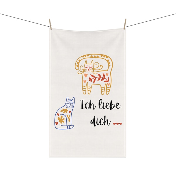 Ich Liebe Dich 18 x 30 Inch Cotton or Polyester Kitchen Tea Towel German Love Folk Art Cats Valentine Anniversary Birthday Gift