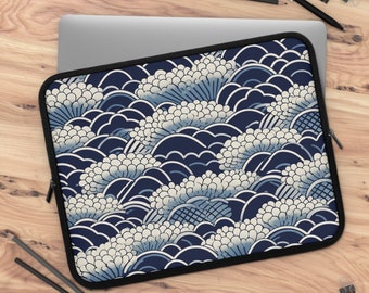 Japanese Wave Pattern Neoprene Padded iPad Tablet Laptop Sleeve Water Resistant Dual Zipper Enclosure 5 Sizes Travel Tech Accessory Gift