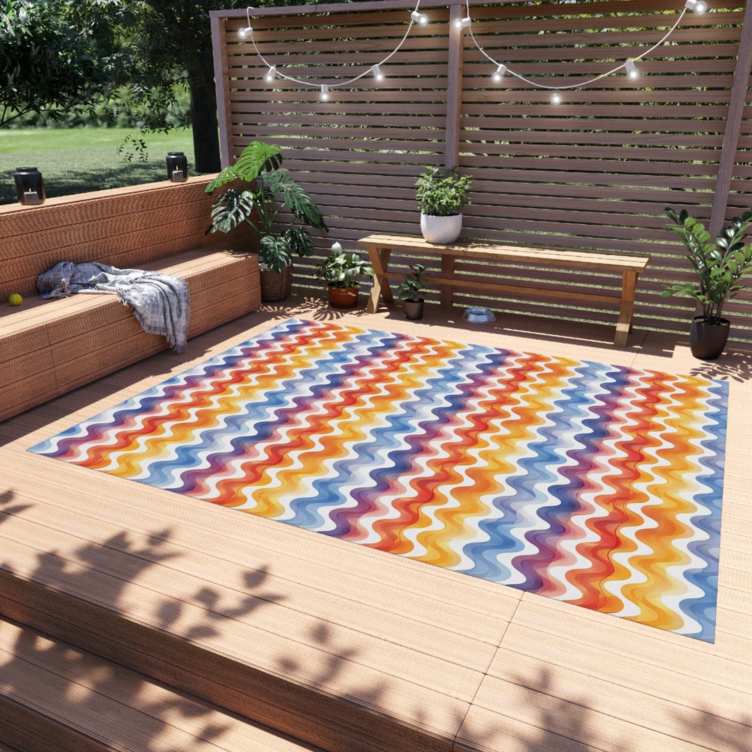 Colorful Wavy Chevron Pattern OUTDOOR RUG Ethnic Porch Decor Boho Deck ...