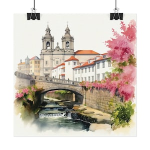 BRAGA Portugal Street City View Textured Watercolor Matte Poster Square Wall Art 4 Sizes Portuguese Travel Art Print Wall Decor