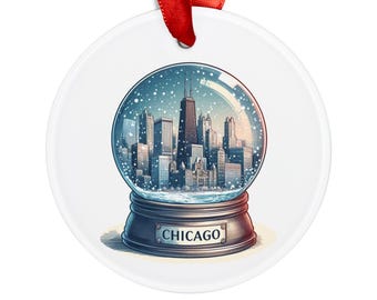 CHICAGO IL Skyline Snow Globe Graphic, Illinois Travel Round Acrylic Ornament, Personalized Gift, Custom Christmas Tree Ornament