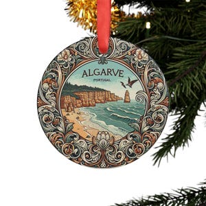 ALGARVE PORTUGAL Coastal Portuguese Landscape Round Acrylic Ornament with Red Ribbon, Art Nouveau Style Christmas Tree Ornament Holiday Gift image 4