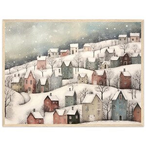 Villaggio norvegese innevato Scena invernale Norvegia Scandinavia Poster in carta opaca premium con cornice in legno Decorazione murale artistica ecologica