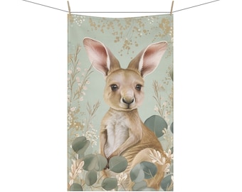 WALLABY Australia Animal Eucalyptus Floral Art 18 x 30 Inch Kitchen Tea Towel Cotton Twill Polyester Towel Home Decor Australian Gift