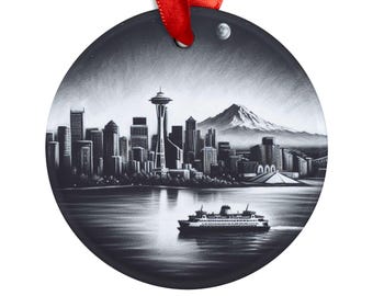 SEATTLE WASHINGTON City Skyline, Charcoal Gray Round Acrylic Ornament, WA Travel Gift, Personalized Gift, Christmas Tree Ornament,