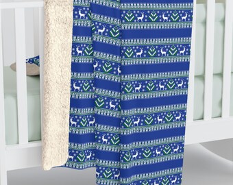 Blaue Norwegische Sherpa-Fleece-Decke, Norwegermuster, weicher Couchüberwurf, skandinavischer Stil, Wohnkultur-Geschenk