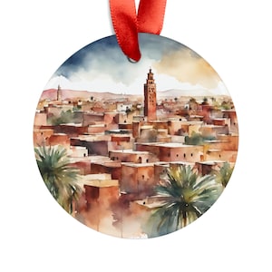 MARRAKECH MOROCCO City Skyline, Moroccan Travel Round Acrylic Ornament, Personalized Gift, Christmas Tree Ornament, Holiday Decoration