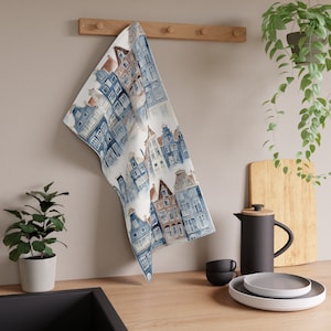 Blue Delft China Inspired Dutch Houses 18 x 30 Inch Kitchen Tea Towel Cotton Twill Polyester Towel Netherlands Home Decor Housewarming Gift