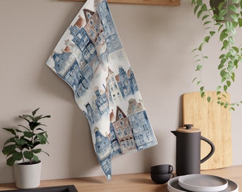 Blaue, von Delfter China inspirierte holländische Häuser, 45,7 x 76,2 cm, Küchen-Geschirrtuch, Baumwoll-Twill-Polyester-Handtuch, niederländische Heimdekoration, Einweihungsgeschenk