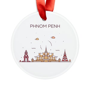 PHNOM PENH CAMBODIA City Skyline Illustration, Cambodian Travel White Acrylic Ornament, Personalized Gift, Christmas Tree Ornament