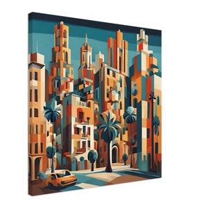 BARCELONA SPAIN City Skyline Cubist Style Art Slim Stretched Canvas Print Wall Decor Spanish Travel Art 5 Sizes