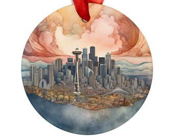 SEATTLE WASHINGTON City Skyline View, WA American Travel Round Acrylic Ornament, Personalized Gift, Christmas Tree Ornament, Holiday Decor