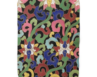 Colorful Vintage Chinese Floral Pattern, Cozy Sherpa Fleece Blanket, Boho Couch Throw, Asian Home Decor Gift