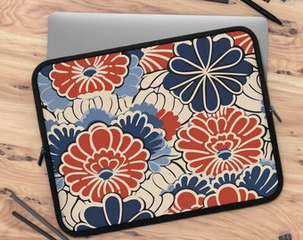 Japanese Floral Pattern Neoprene Padded iPad Tablet Laptop Sleeve Water Resistant Dual Zipper Enclosure 5 Sizes Travel Tech Accessory Gift