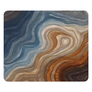 May include: Abstract digital art print with a swirling pattern of blue, brown, and beige lines. The lines create a topographic map-like effect.