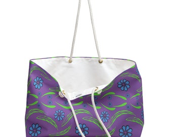 24 x 13 Inch Spun Polyester Weekender Bag Purple, Green and Blue Ethnic Pattern Beach Bag Boho Tote Bag T-Bottom Rope Handle Purse