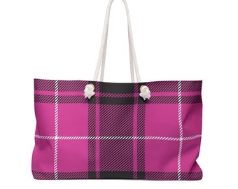 Bolso de fin de semana de poliéster hilado de 24 x 13 pulgadas, bolso de playa con estampado de cuadros escoceses de color rosa, bolso de mano con asa de cuerda en forma de T