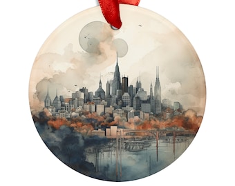 May include: A watercolor painting of a cityscape with a bridge and a river in the foreground. The city is depicted in shades of gray and brown, with a few pops of red. The sky is a soft blue with white clouds. The painting is on a round, white ornament.