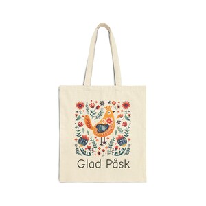 Glad Påsk Happy Easter Rooster Chicken Sweden Folk Art Cotton Canvas 15 x 16 Inch Tote Bag Shopping Bag Book Bag Swedish Gift