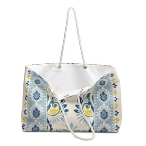 24x13 Polegada saco de fim de semana de poliéster fiado azul e amarelo floral padrão étnico saco de praia boho sacola t-bottom corda alça bolsa imagem 3