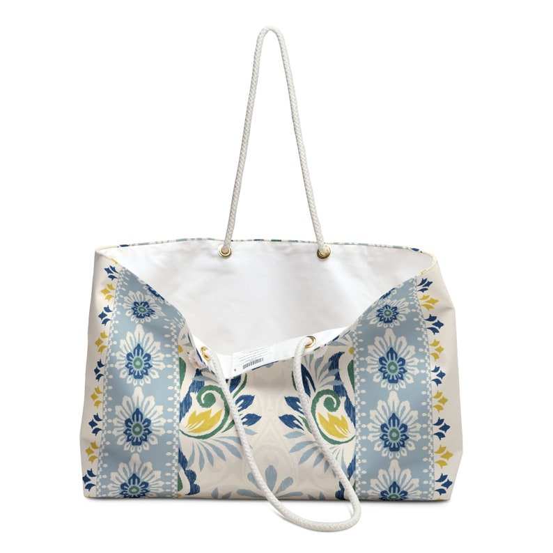 24x13 Polegada saco de fim de semana de poliéster fiado azul e amarelo floral padrão étnico saco de praia boho sacola t-bottom corda alça bolsa imagem 3