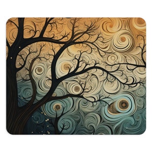 May include: Abstract art print featuring a stylised black tree with swirling branches against a background of swirling patterns in shades of blue, green, and gold.