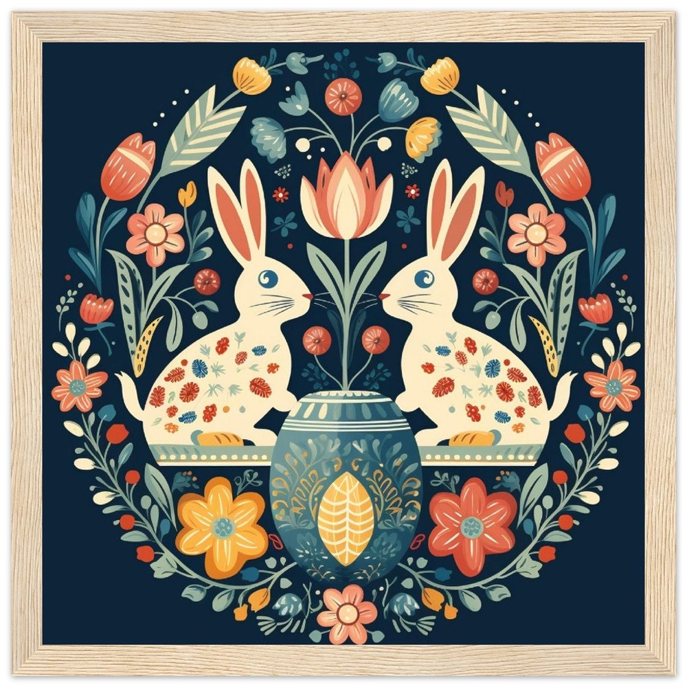 BUNNY RABBITS Nordic Folk Art Print Premium Matte Paper Pine Wood ...