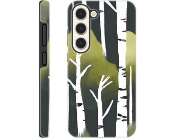 May include: A phone case with a watercolor design of birch trees in a forest. The trees are white with black bark and the background is a dark green and light green.
