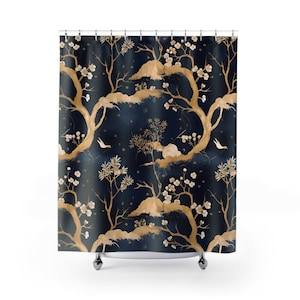 Dark Chinoiserie Gold and Blue Chinese Pattern Polyester 71 x 74 Inch Shower Curtain Boho Bathroom Decor Bath Curtain Asian Home Decor Gift