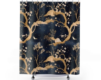 Dark Chinoiserie Gold and Blue Chinese Pattern Polyester 71 x 74 Inch Shower Curtain Boho Bathroom Decor Bath Curtain Asian Home Decor Gift