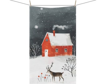 May include: A red cabin with a snowy roof sits in a wintery landscape. A deer stands in the snow in front of the cabin, looking at red flowers. The sky is dark blue with white snowflakes.