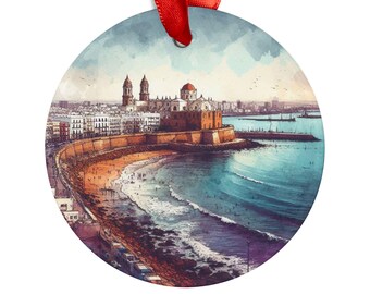 Adorno acrílico redondo con vista a la ciudad de Cádiz, España, regalo personalizado, adorno para árbol de Navidad, decoración navideña