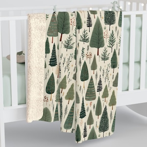 Nordic Inspired Tree Pattern, Cozy Sherpa Fleece Blanket, Scandinavian Home Decor, Sofa Throw Blanket, Christmas Gift