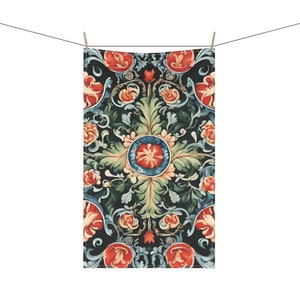 Norwegian Rosemaling Inspired Nordic Floral Pattern 18 x 30 Inch Kitchen Tea Towel Cotton Twill or Polyester Towel Norway Home Decor Gift